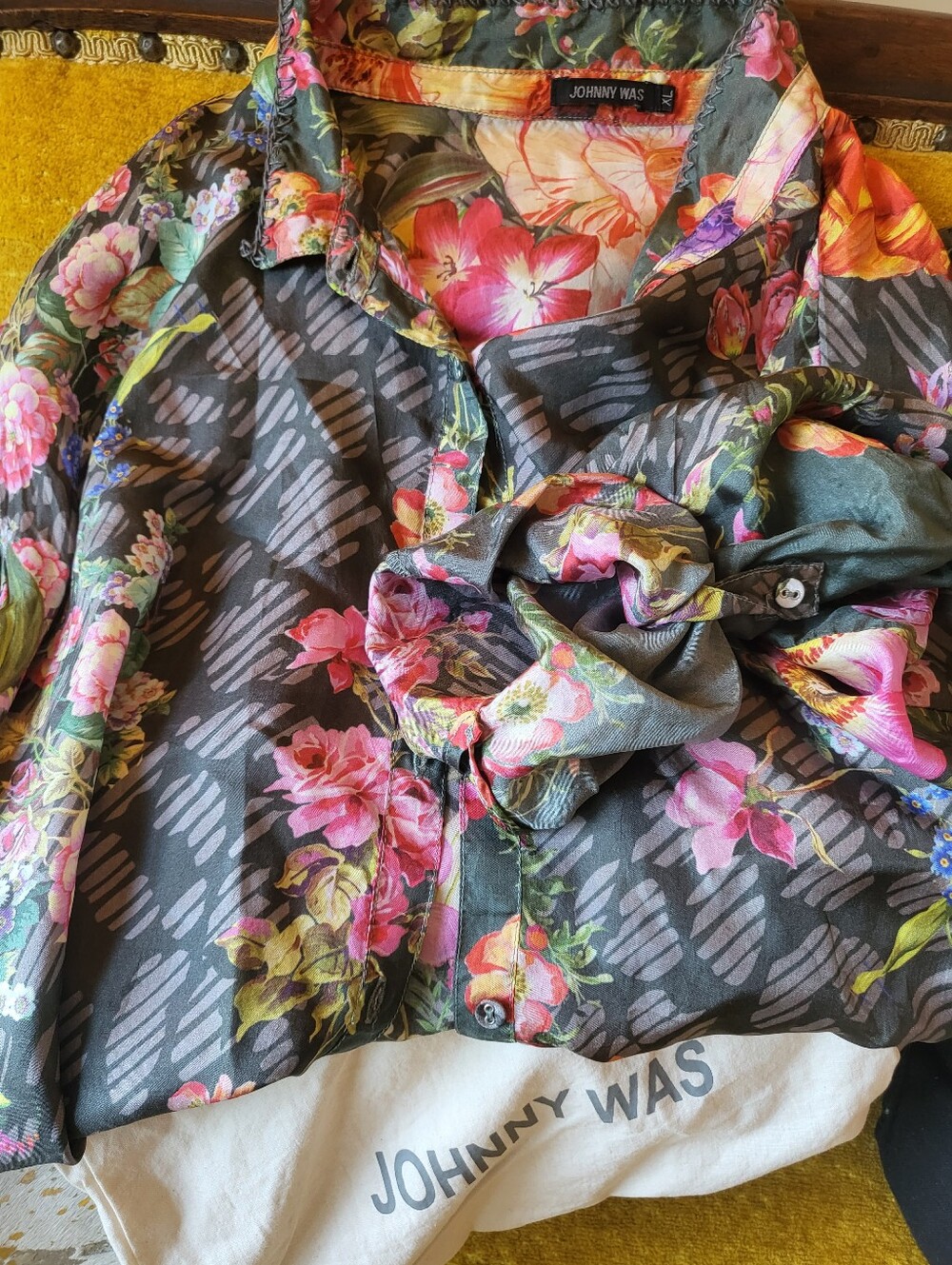 100 % Johnny Was Floral Button-Front Blouse with Pink and Green